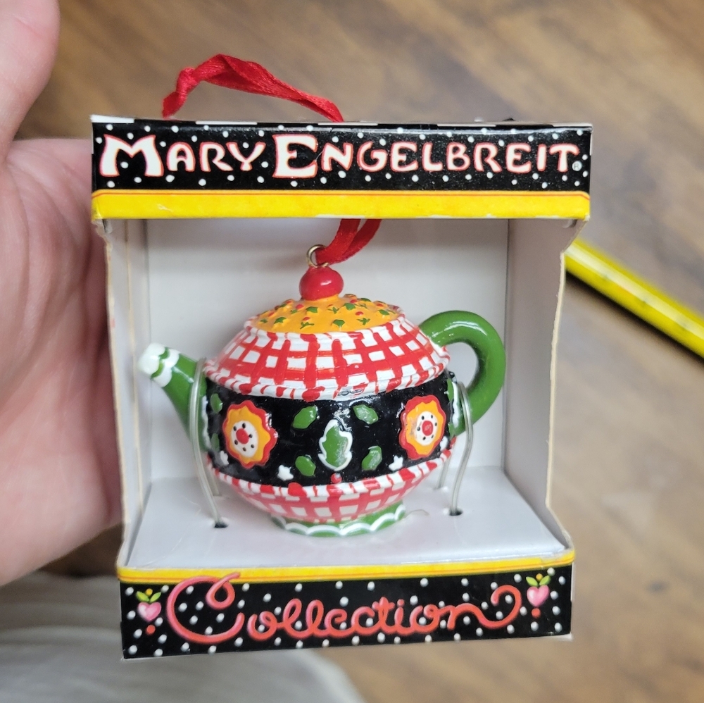 Mary Engelbreit Festive Teapot Ornament - Red, Green, Black